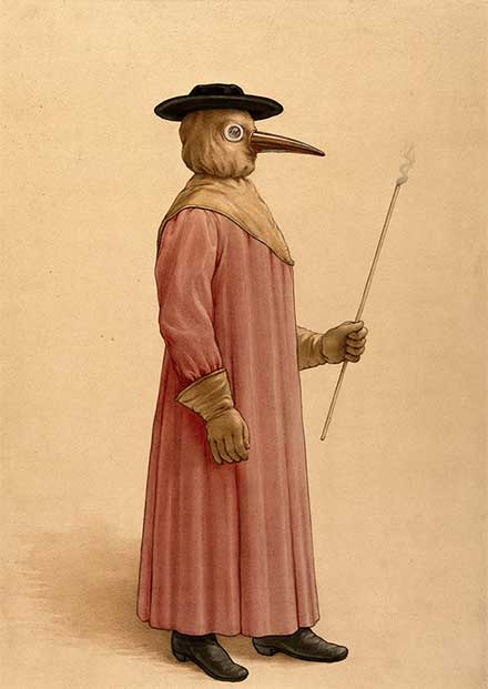 A physician wearing a seventeenth century plague preventive costume. 